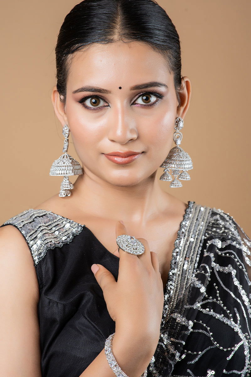 Sparkling AD Multi-Layer Big Jhumka Earrings - Mayrake.in