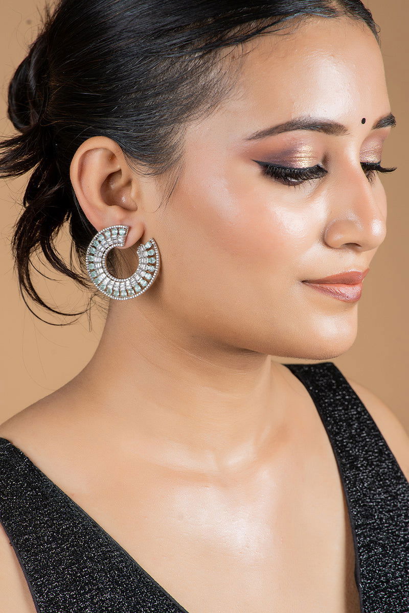 Sparkling Sea Blue Round-Shaped Swarovski Stones Stud Earrings - Mayrake.in