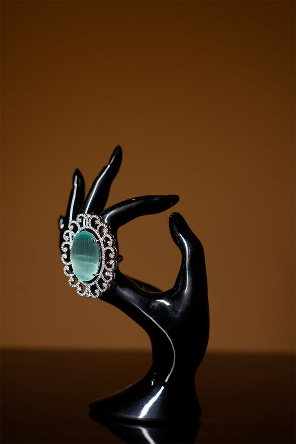 Star Cut American Diamond Ring with Oval-Shaped Sea Green Synthetic Stone - Mayrake