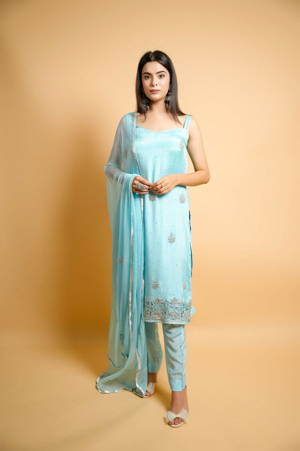 Swarovski Cutwork Sky Blue Georgette Suit with Matching Pants and Embroidered Dupatta - Mayrake