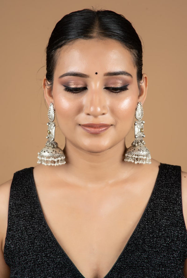 Oxidized Metal Hanging Pearls Jhumkas