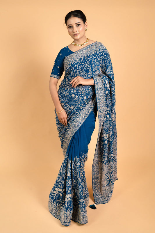 Teal Blue Lucknowi Georgette Saree with Beautiful Tassels and Zari Work - Mayrake.in