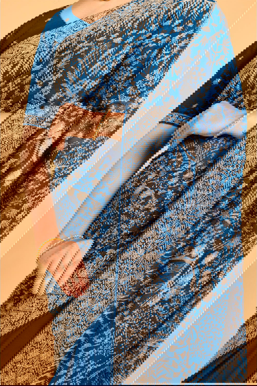 Teal Blue Lucknowi Georgette Saree with Beautiful Tassels and Zari Work - Mayrake.in