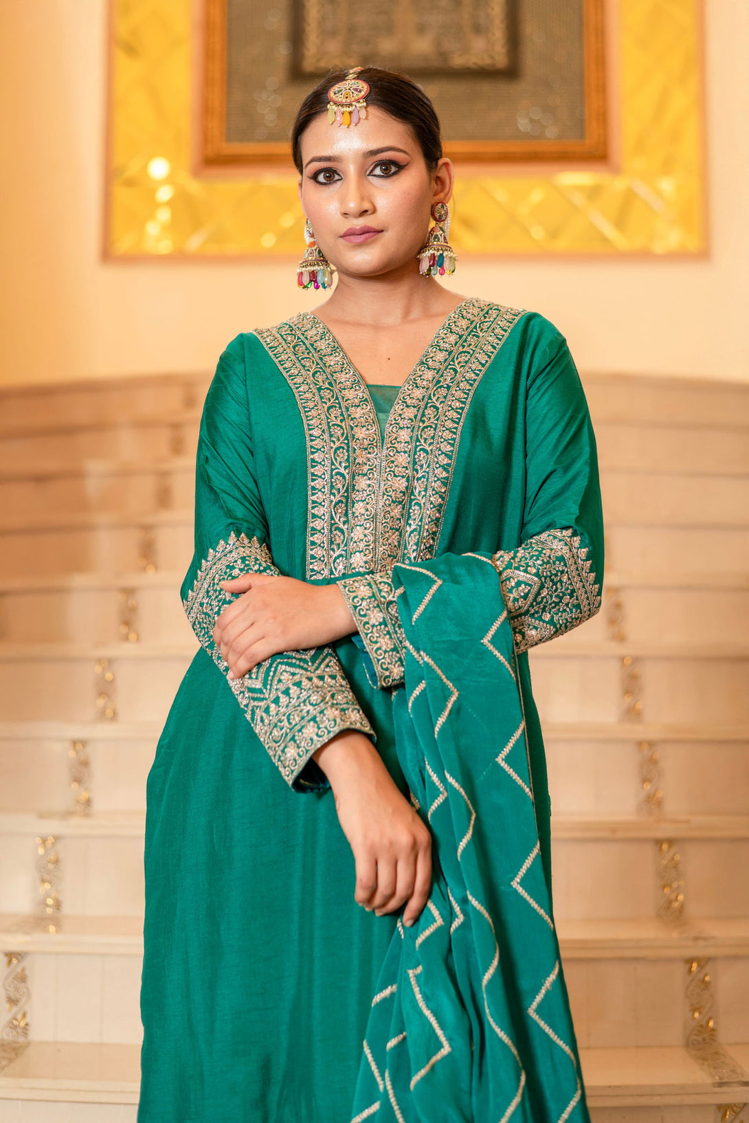 Teal Green Viscose Silk Embroidered  Kurta with Flared Palazzo Set - Mayrake.in