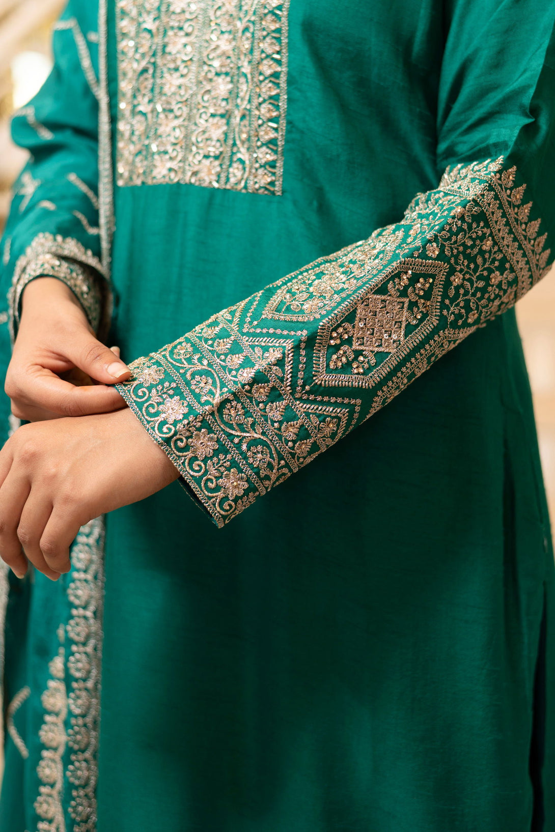 Teal Green Viscose Silk Embroidered  Kurta with Flared Palazzo Set - Mayrake.in