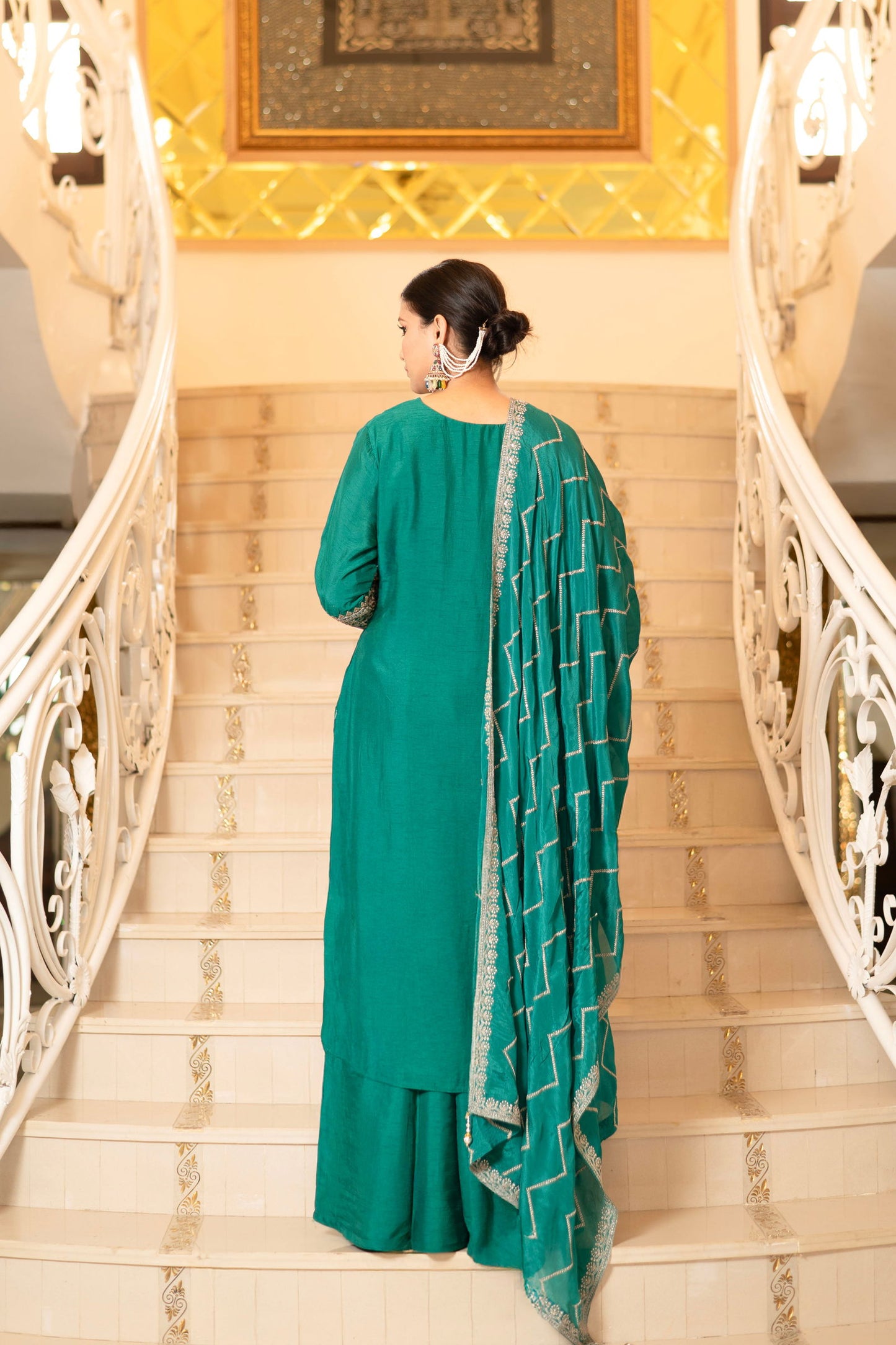 Teal Green Viscose Silk Embroidered  Kurta with Flared Palazzo Set - Mayrake.in