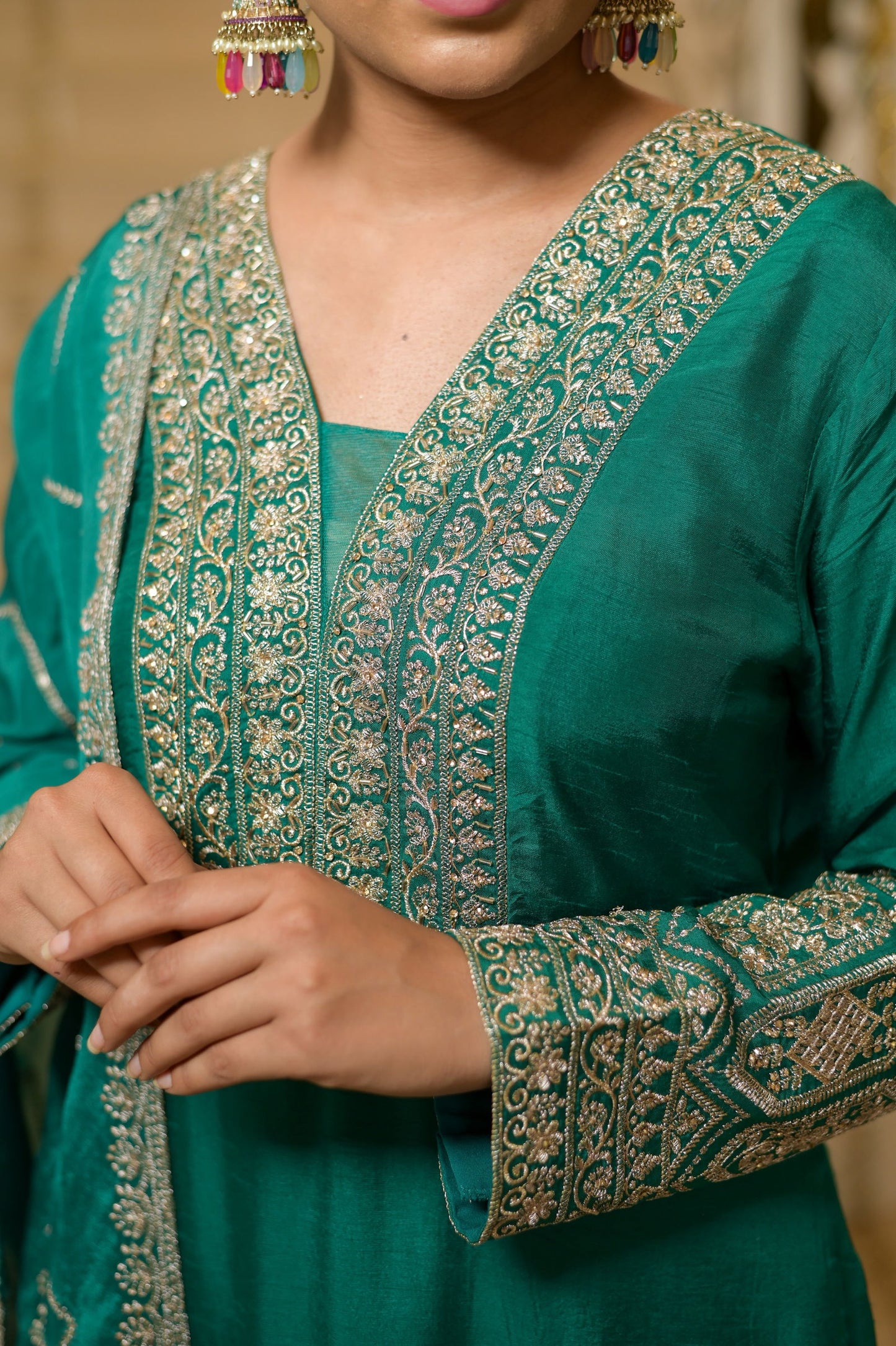 Teal Green Viscose Silk Embroidered  Kurta with Flared Palazzo Set - Mayrake.in
