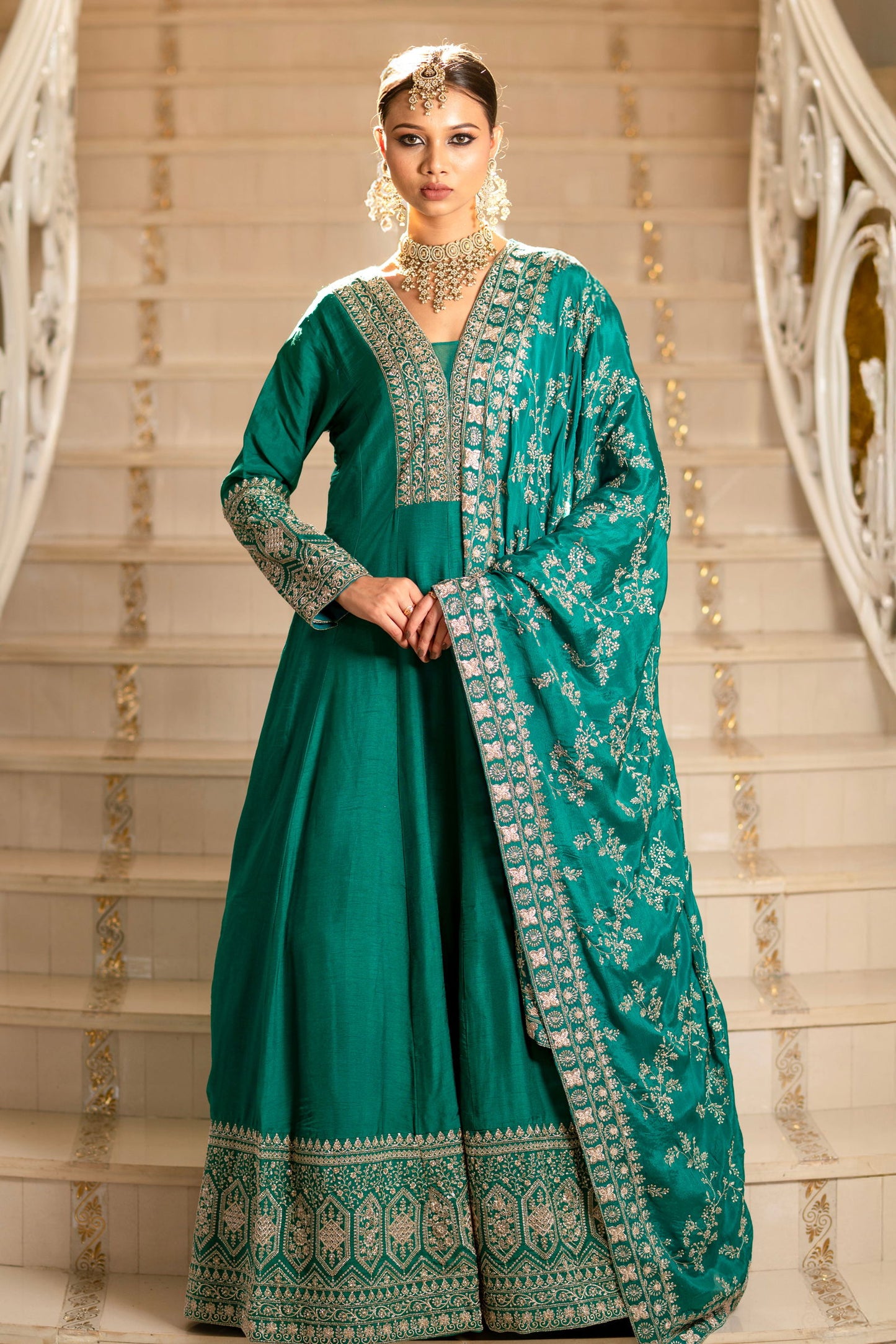 Teal Green Viscose Silk Zari Embriodered Floor Length Anarkali Set - Mayrake.in