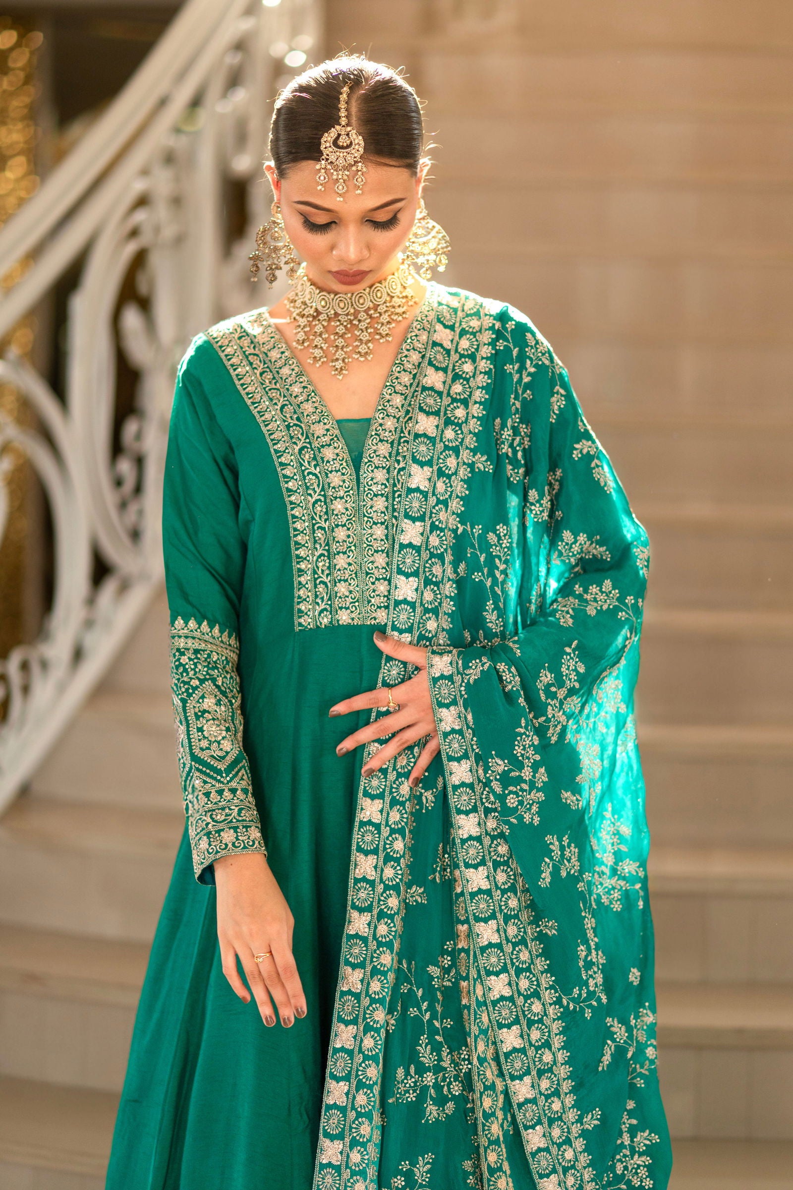 Teal Green Viscose Silk Zari Embriodered Floor Length Anarkali Set - Mayrake.in