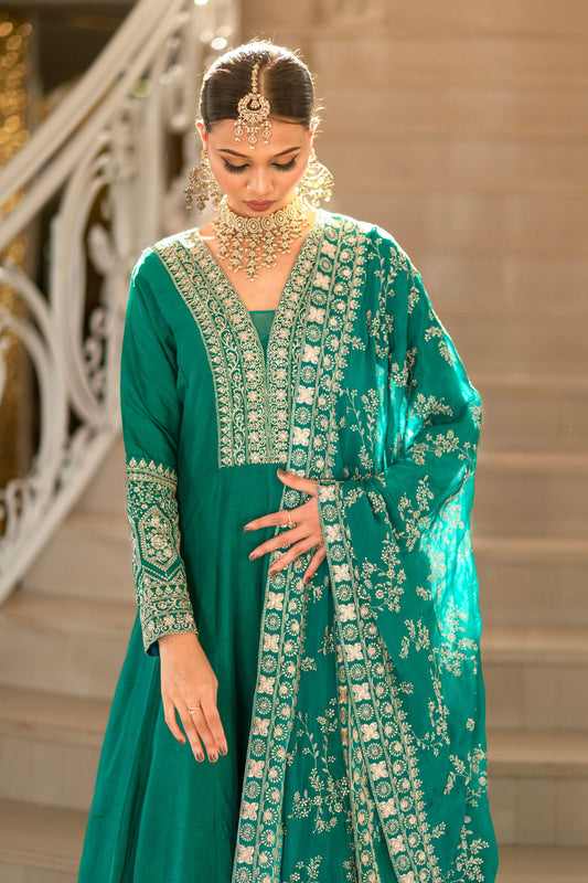 Teal Green Viscose Silk Zari Embriodered Floor Length Anarkali Set - Mayrake.in