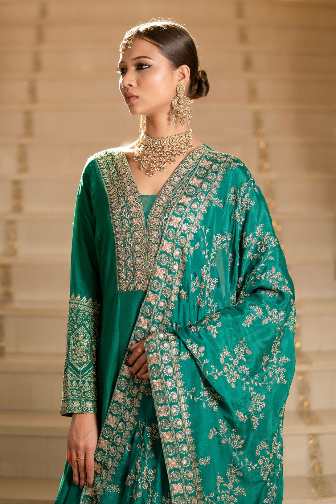 Teal Green Viscose Silk Zari Embriodered Floor Length Anarkali Set - Mayrake.in