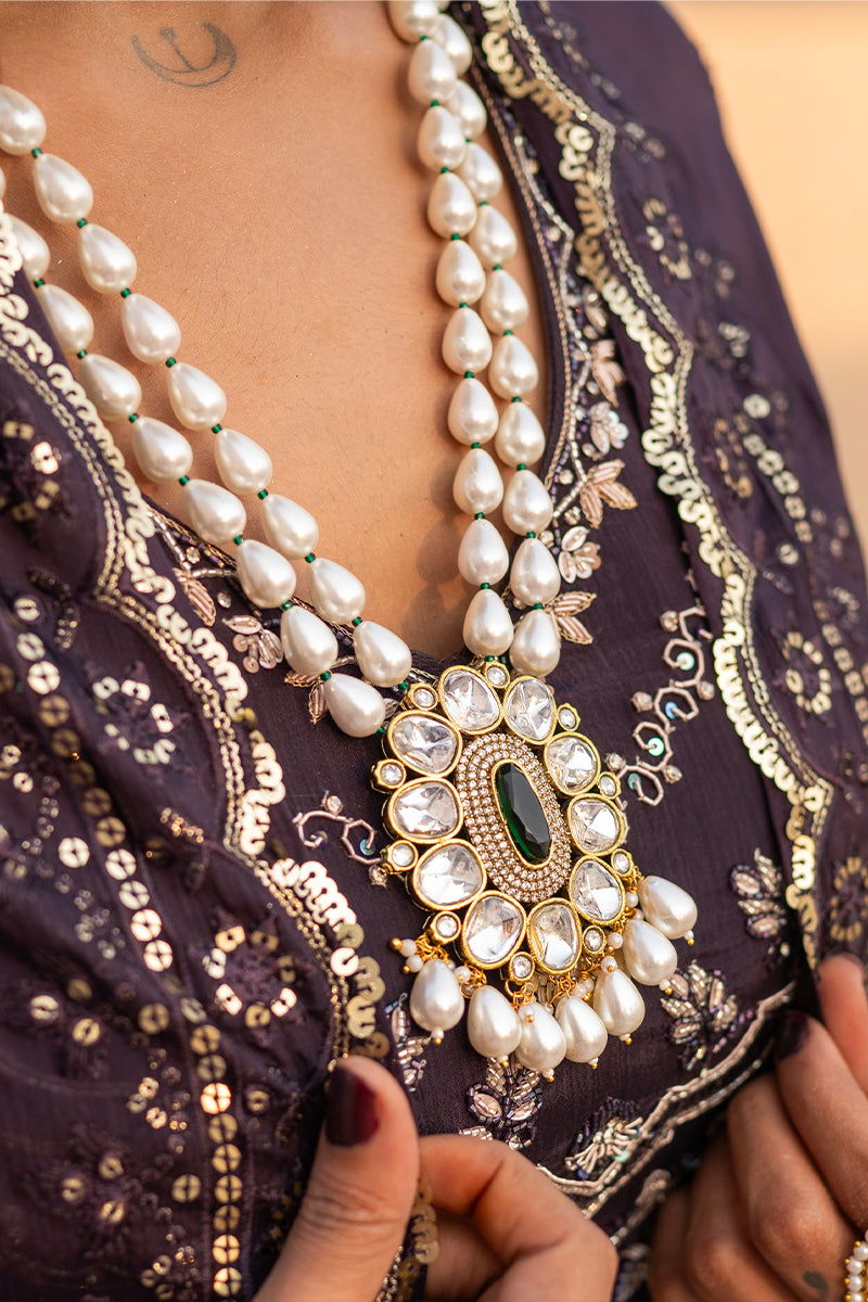 Tear Drop Pearl Green Stone Zircon Locket  Necklace Sets - Mayrake.in