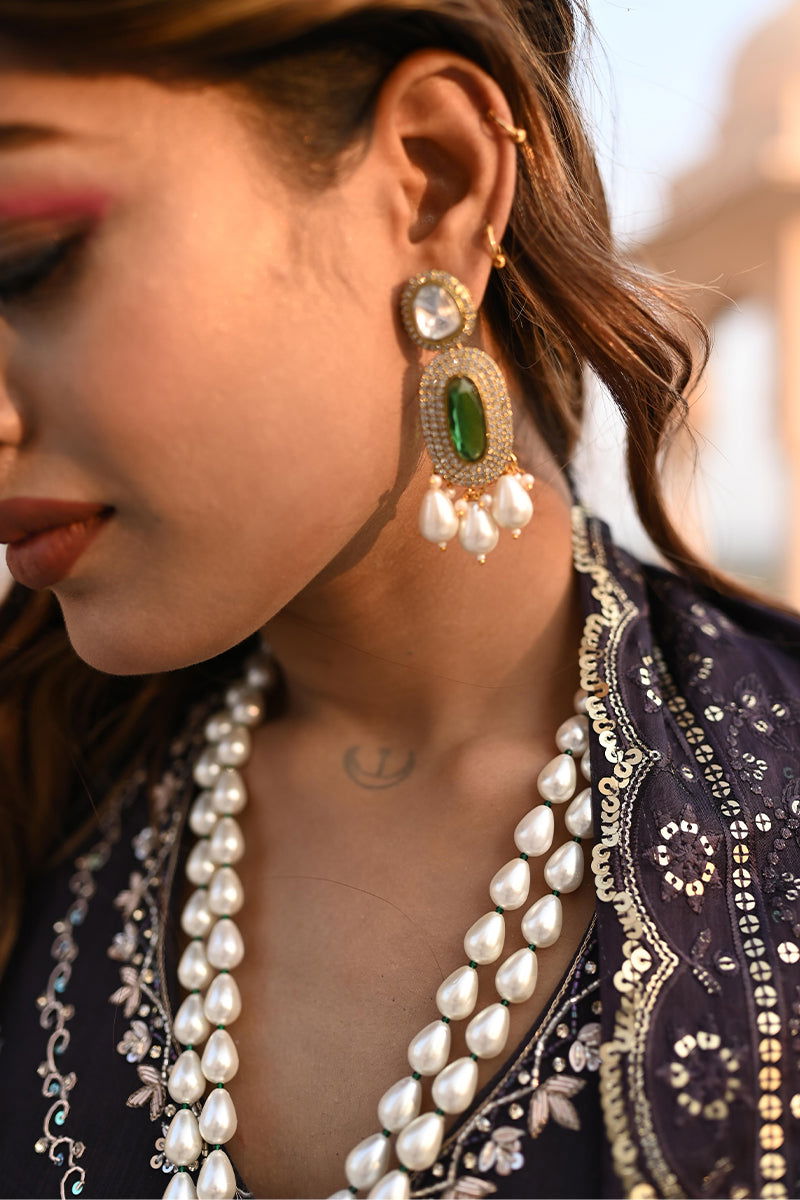 Tear Drop Pearl Green Stone Zircon Locket  Necklace Sets - Mayrake.in