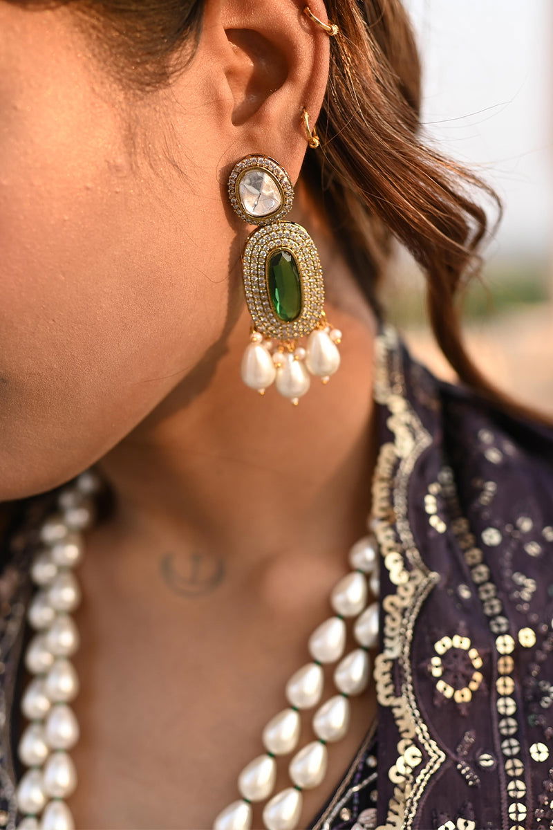 Tear Drop Pearl Green Stone Zircon Locket  Necklace Sets - Mayrake.in