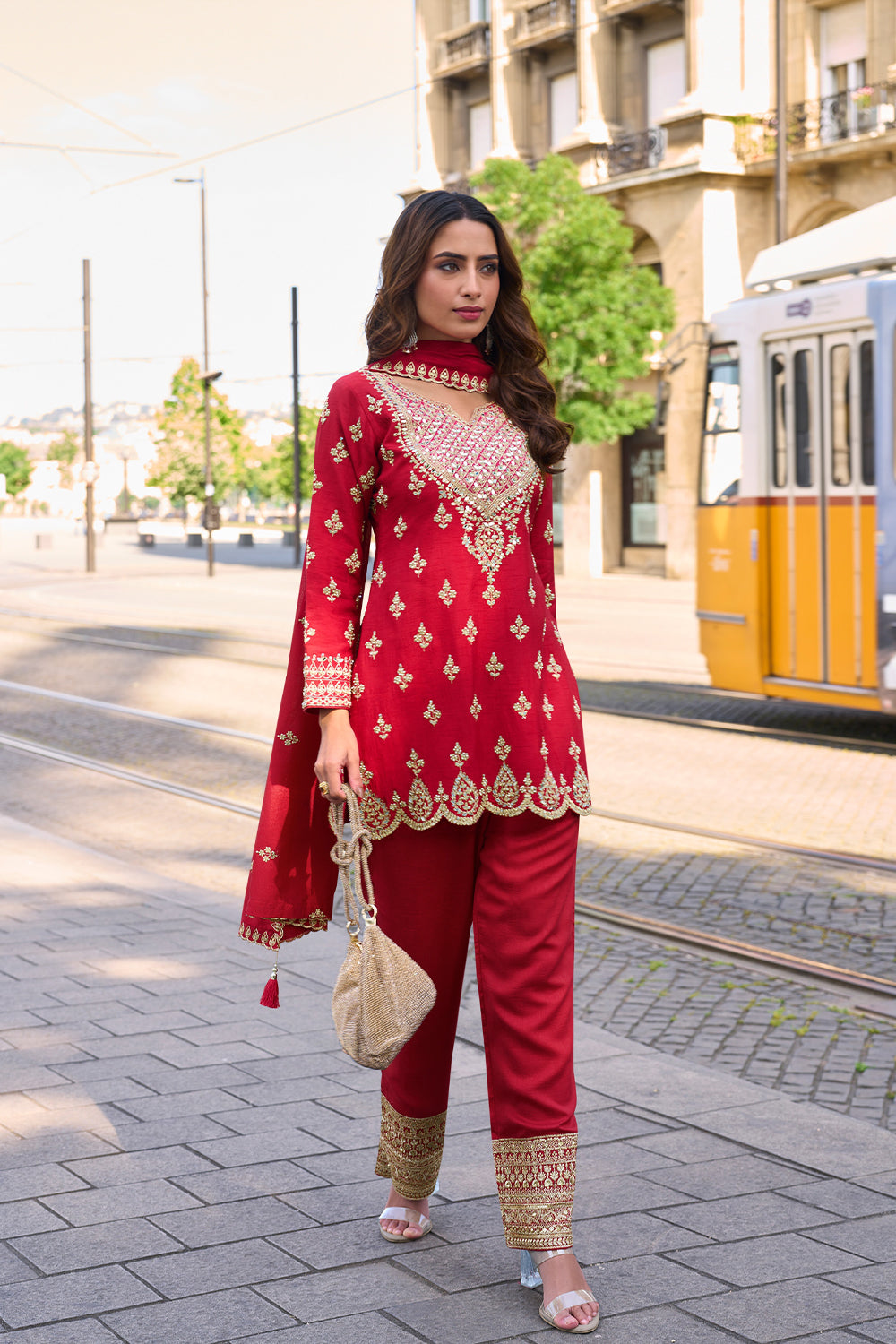 Crimson Red Silk Suit with Golden Zari Embroidery with Designer Pant & Dupatta