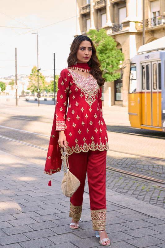 Crimson Red Silk Suit with Golden Zari Embroidery with Designer Pant & Dupatta