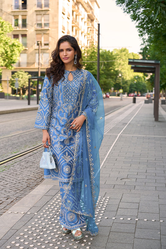 Sky Blue Silk Kurta Suit with Golden Zari Embroidery with Designer Pant & Embroidered Dupatta