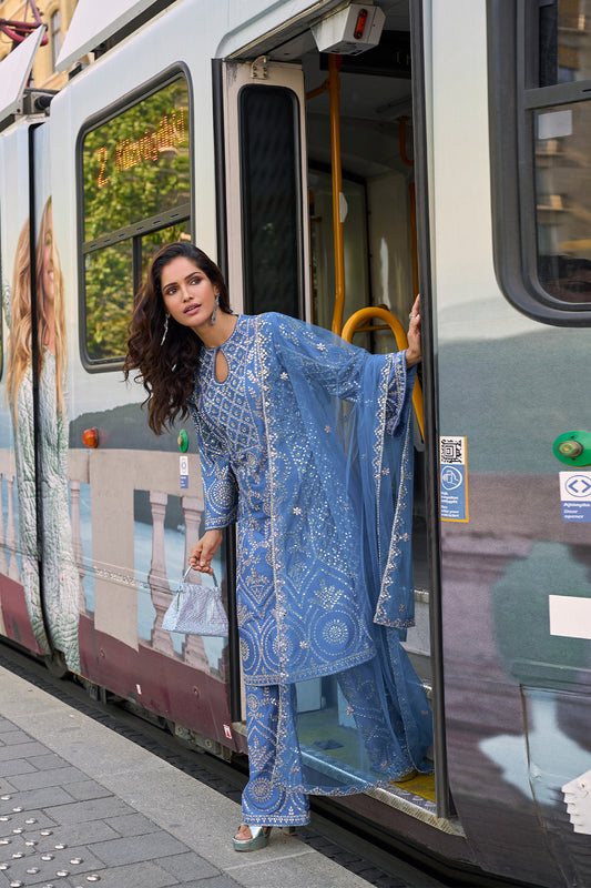 Sky Blue Silk Kurta Suit with Golden Zari Embroidery with Designer Pant & Embroidered Dupatta