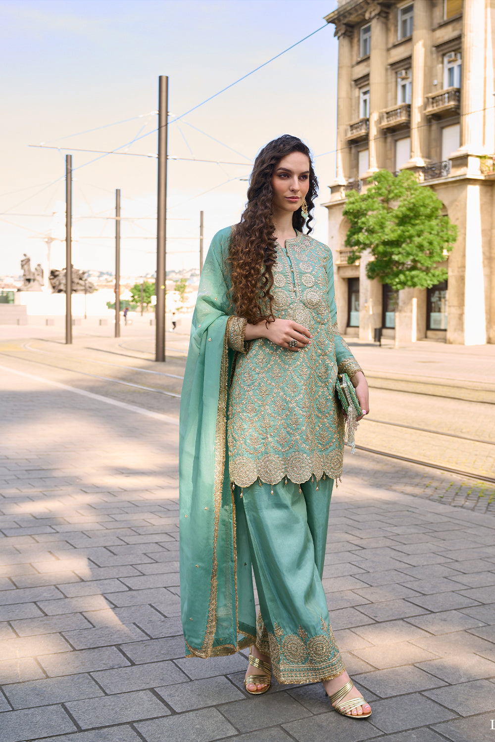 Sea Green Silk Short Kurta Suit with Golden Zari Embroidery with Pant & Heavy Dupatta