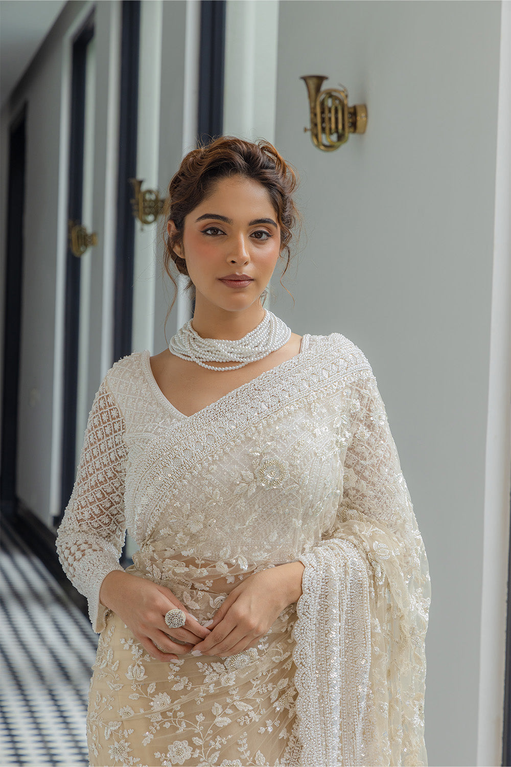 Beige-Cream Net Saree with Sequin & Pearl Embroidery