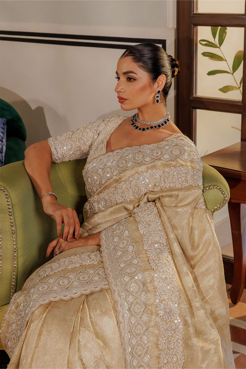 Beige Silver Tissue Zamdani Weave Saree with Sequin,Pearl & Zircon Work