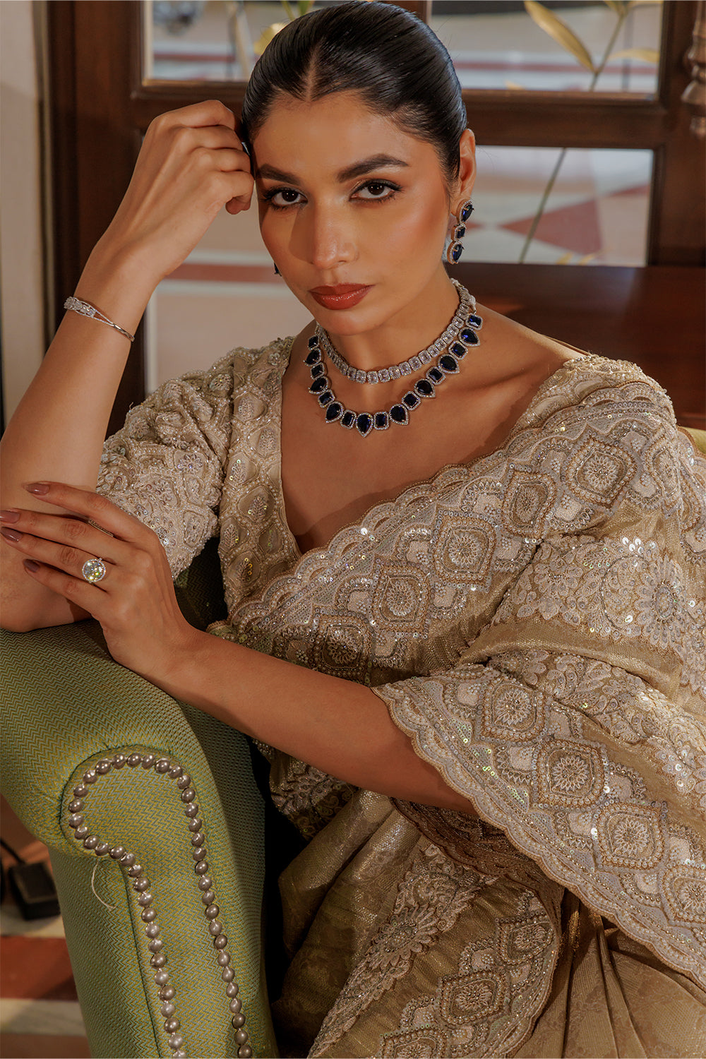 Beige Silver Tissue Zamdani Weave Saree with Sequin,Pearl & Zircon Work