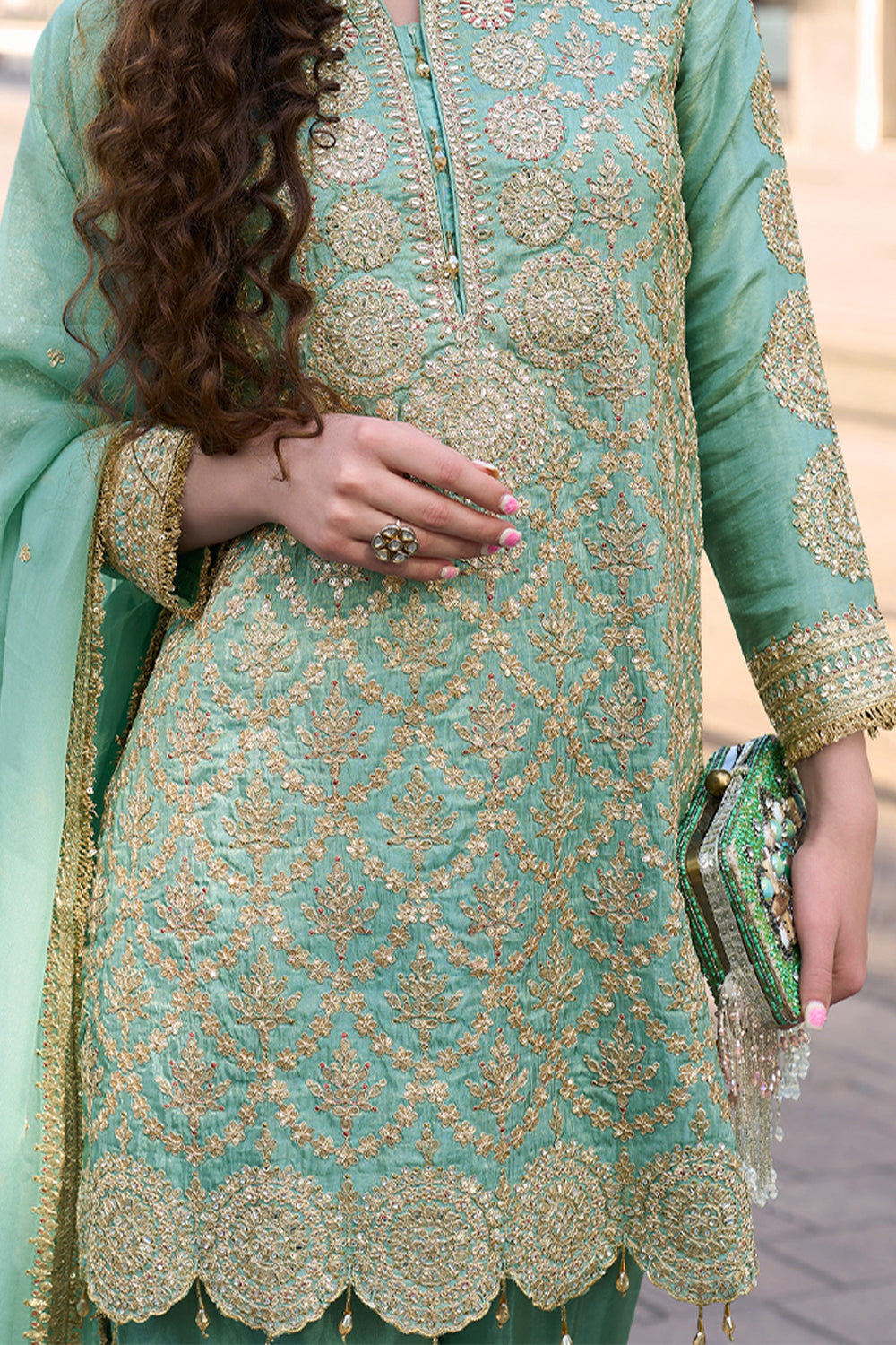 Sea Green Silk Short Kurta Suit with Golden Zari Embroidery with Pant & Heavy Dupatta