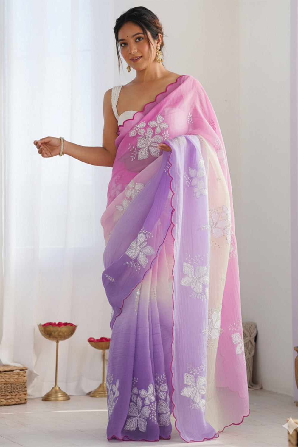 Green Pink Pastel Shaded Chinon Silk Saree with Sequin Embroidery & Khatli Border
