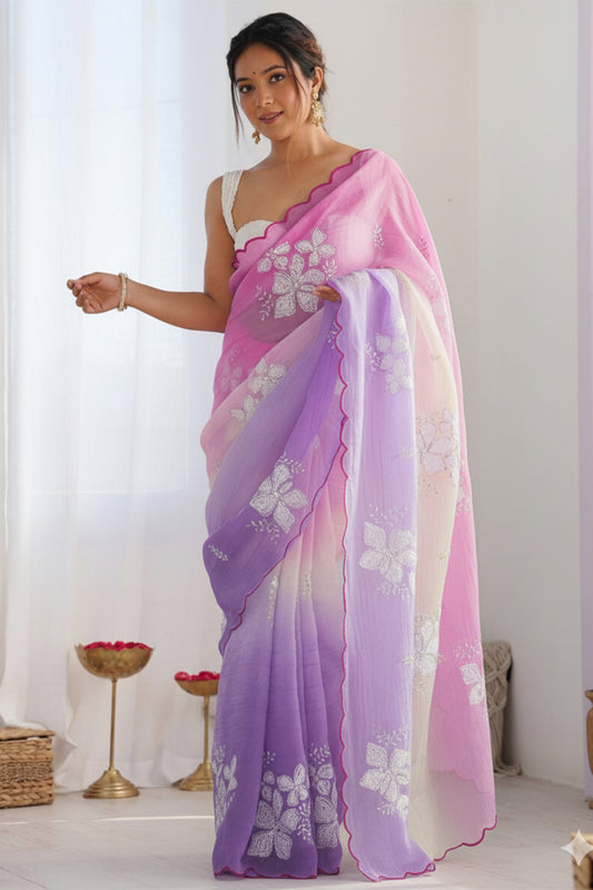 Peach Purple Pastel Shaded Chinon Silk Saree with Sequin Embroidery & Khatli Border