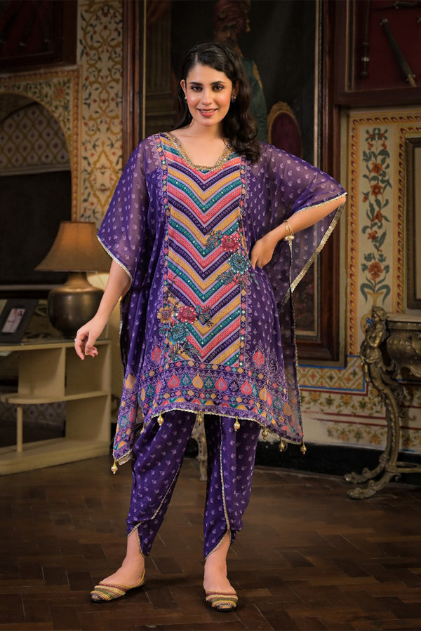 Purple Georgette Dhoti-Pattern Cord Set Suit with Zari Work