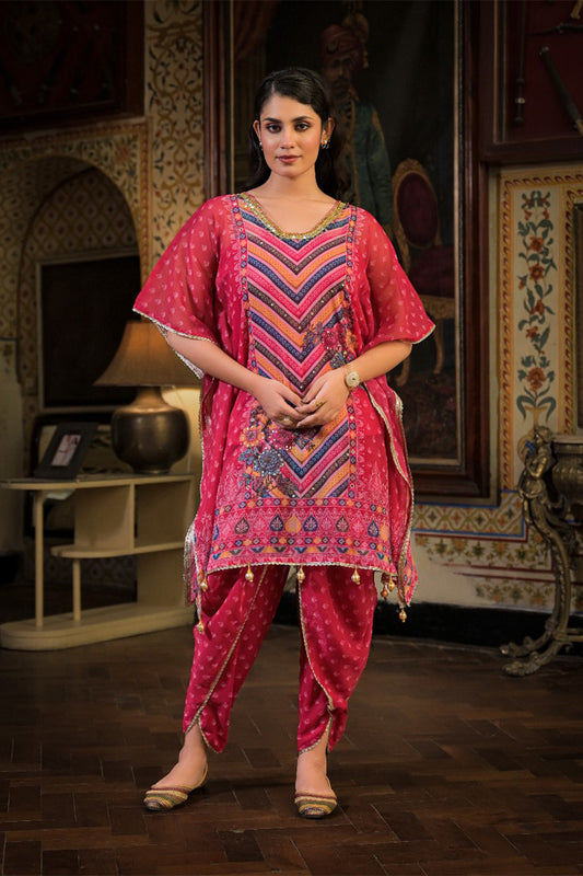 Pink Georgette Dhoti-Pattern Cord Set Suit with Zari Work