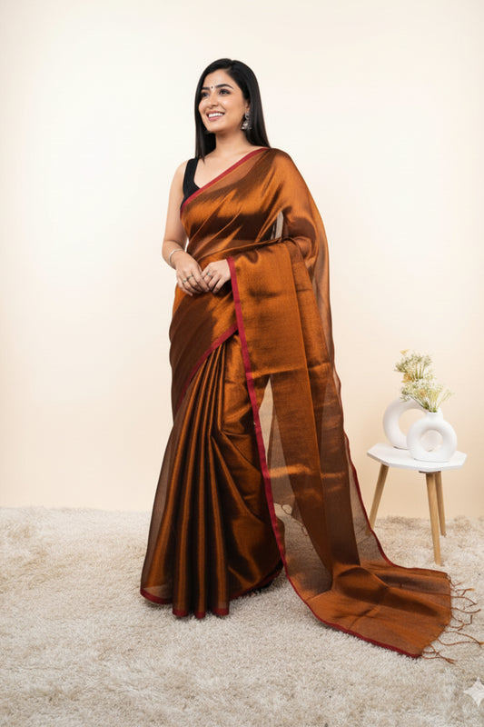 Metallic Olive-Gold Khadi Cotton Tissue Saree