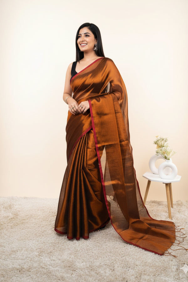 Metallic Olive-Gold Khadi Cotton Tissue Handloom Saree