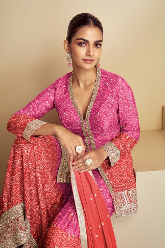Pink-Orange Bandhani Print Sharara Silk Suit with Zari Work and Matching Dupatta