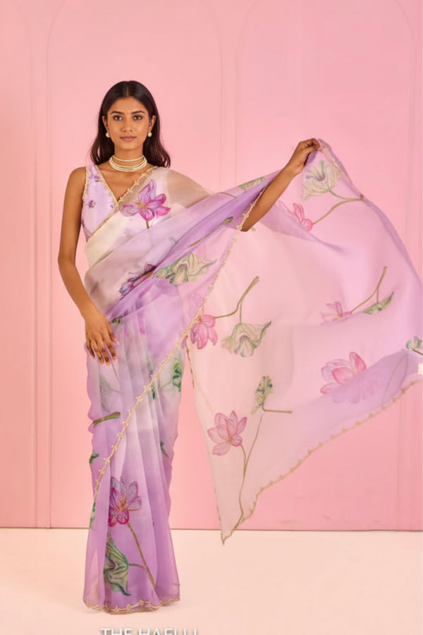 Light Purple Soft Tebi Silk Shaded Saree with Floral Digital Print & Moti Handwork Border