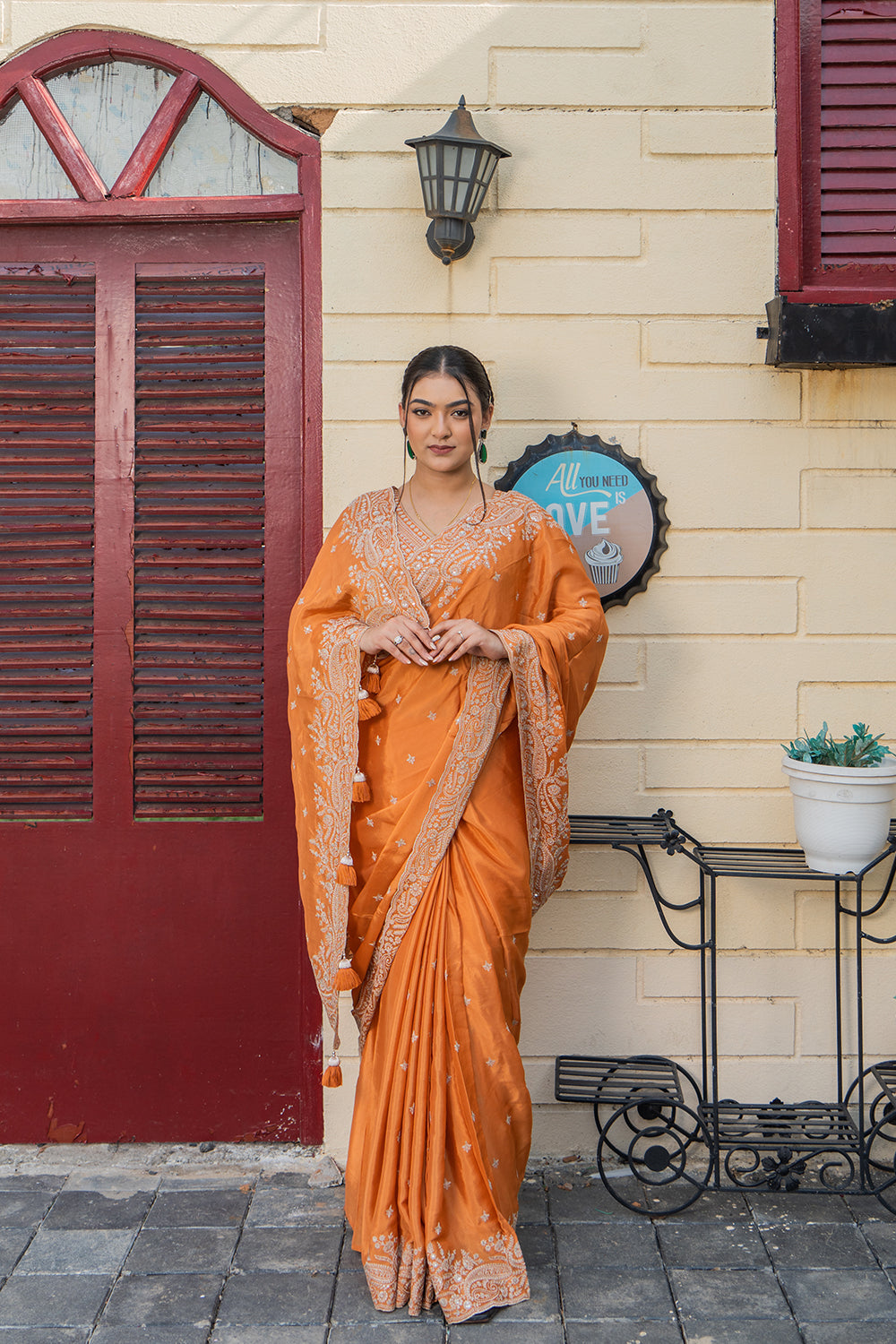 Two Blouse Concept – Rust Orange Crepe Silk Saree with Sequin and Zari Work