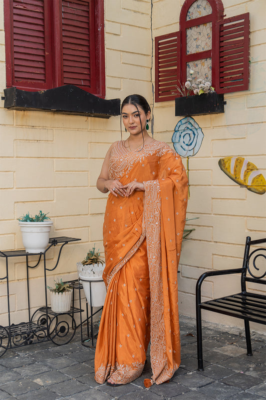 Two Blouse Concept – Rust Orange Crepe Silk Saree with Sequin and Zari Work