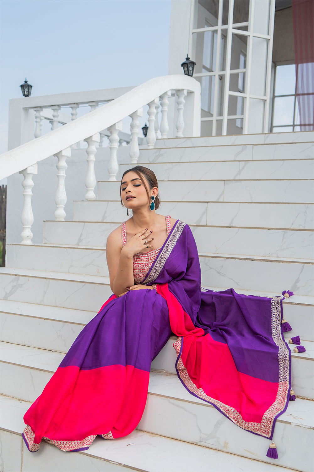 Two Blouse Concept – Purple Pink Tween shade Georgette Saree with Sequin Border Work