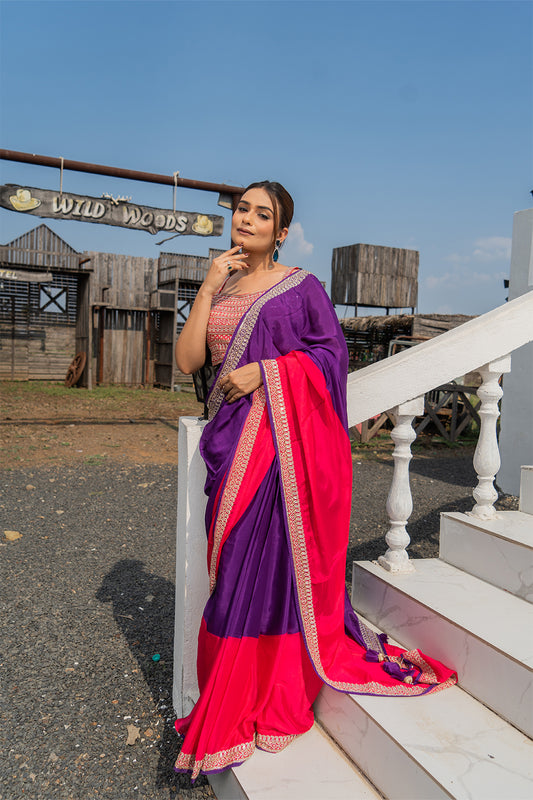 Two Blouse Concept – Purple Pink Tween shade Georgette Saree with Sequin Border Work