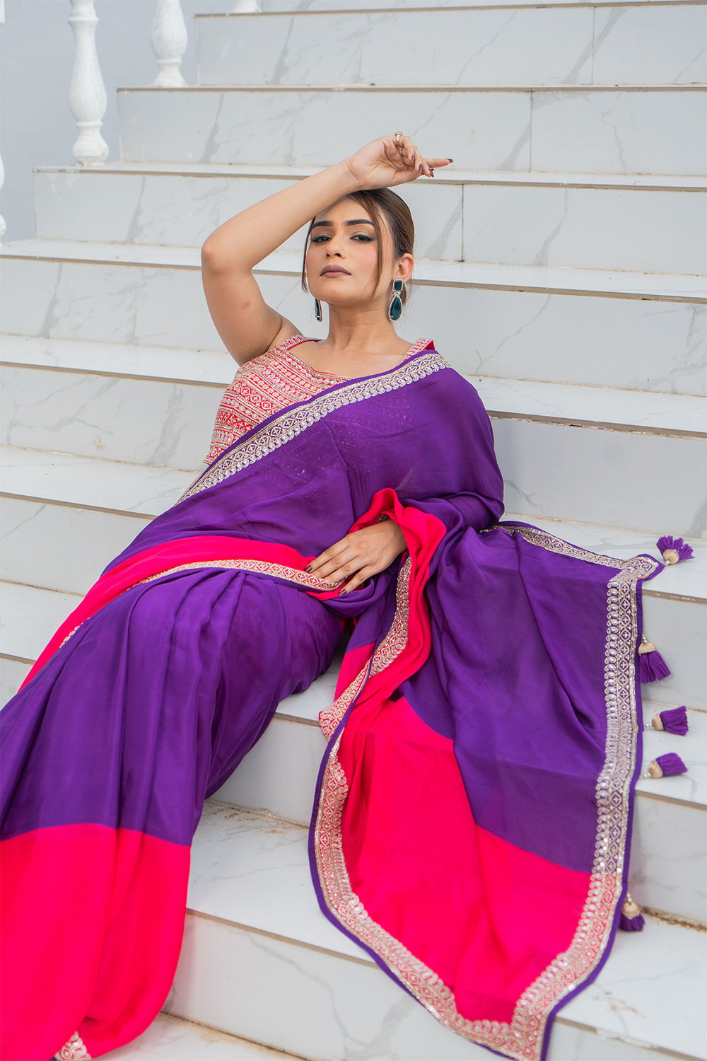 Two Blouse Concept – Purple Pink Tween shade Georgette Saree with Sequin Border Work