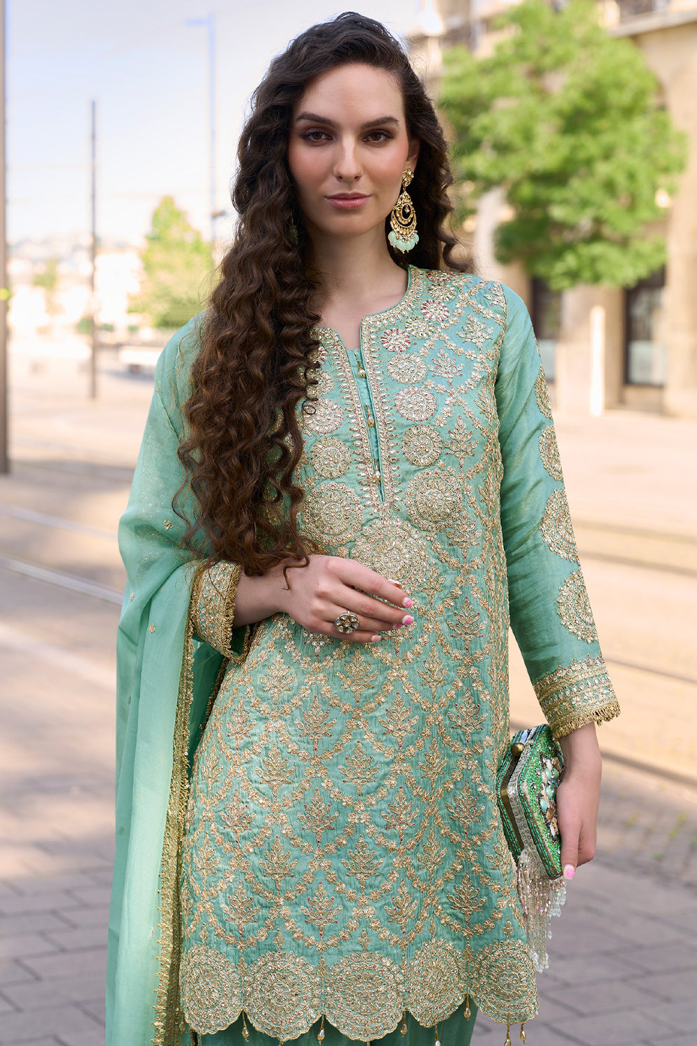 Sea Green Silk Short Kurta Suit with Golden Zari Embroidery with Pant & Heavy Dupatta