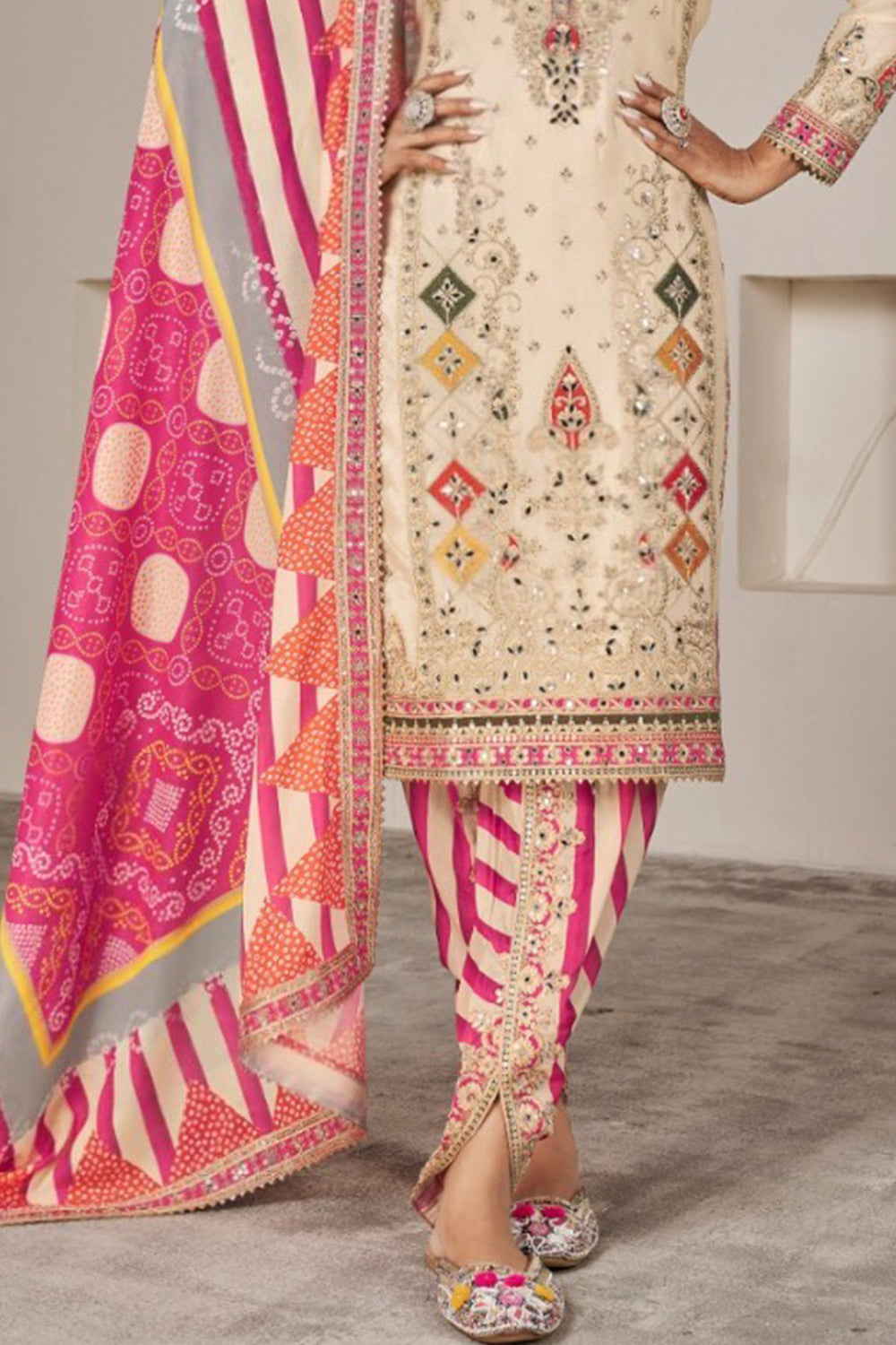 Cream-Pink Silk Suit with Zari Embroidery with Designer Dhoti Pant & Dupatta