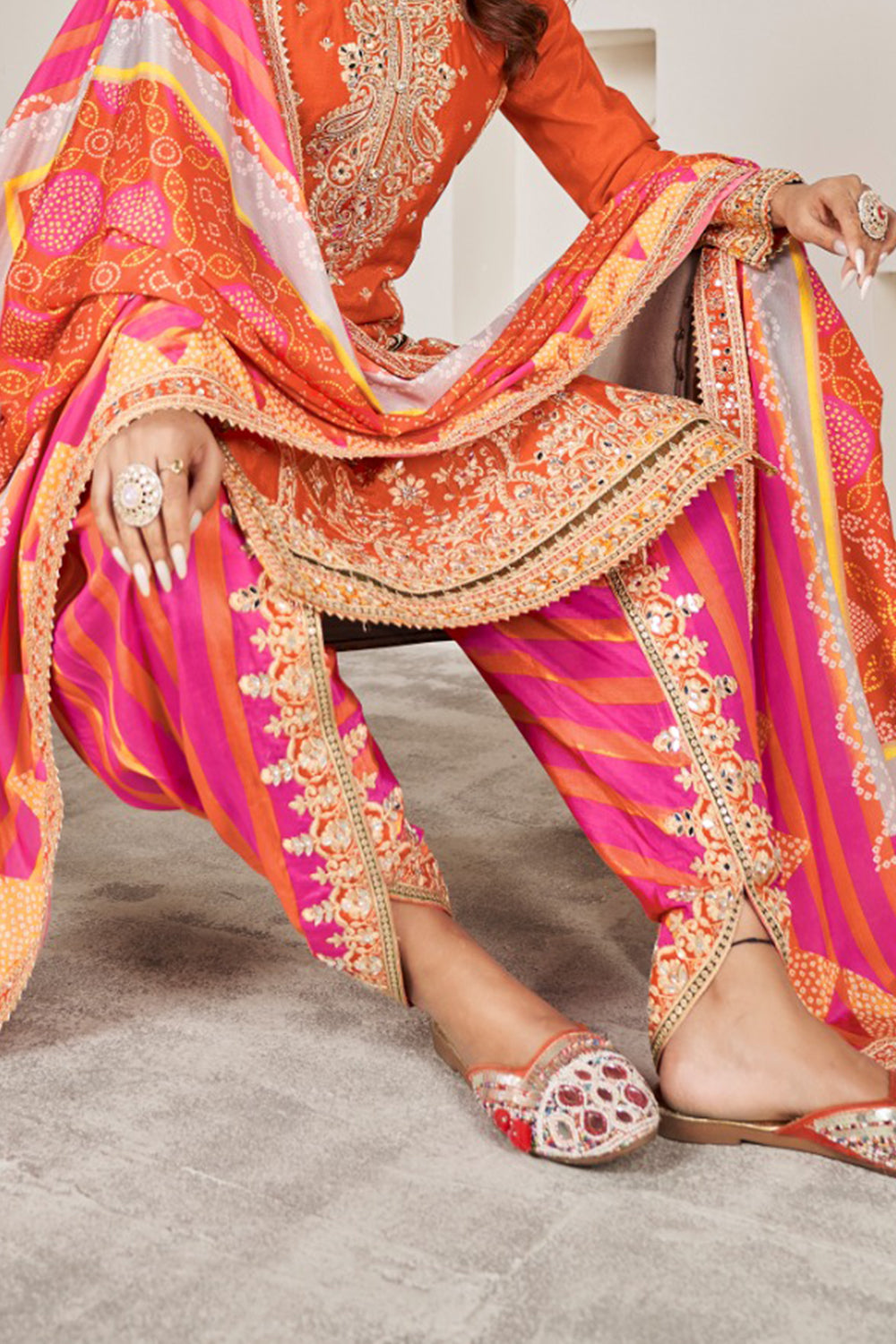Orange Silk Suit with Zari Embroidery with Designer Dhoti Pant & Dupatta