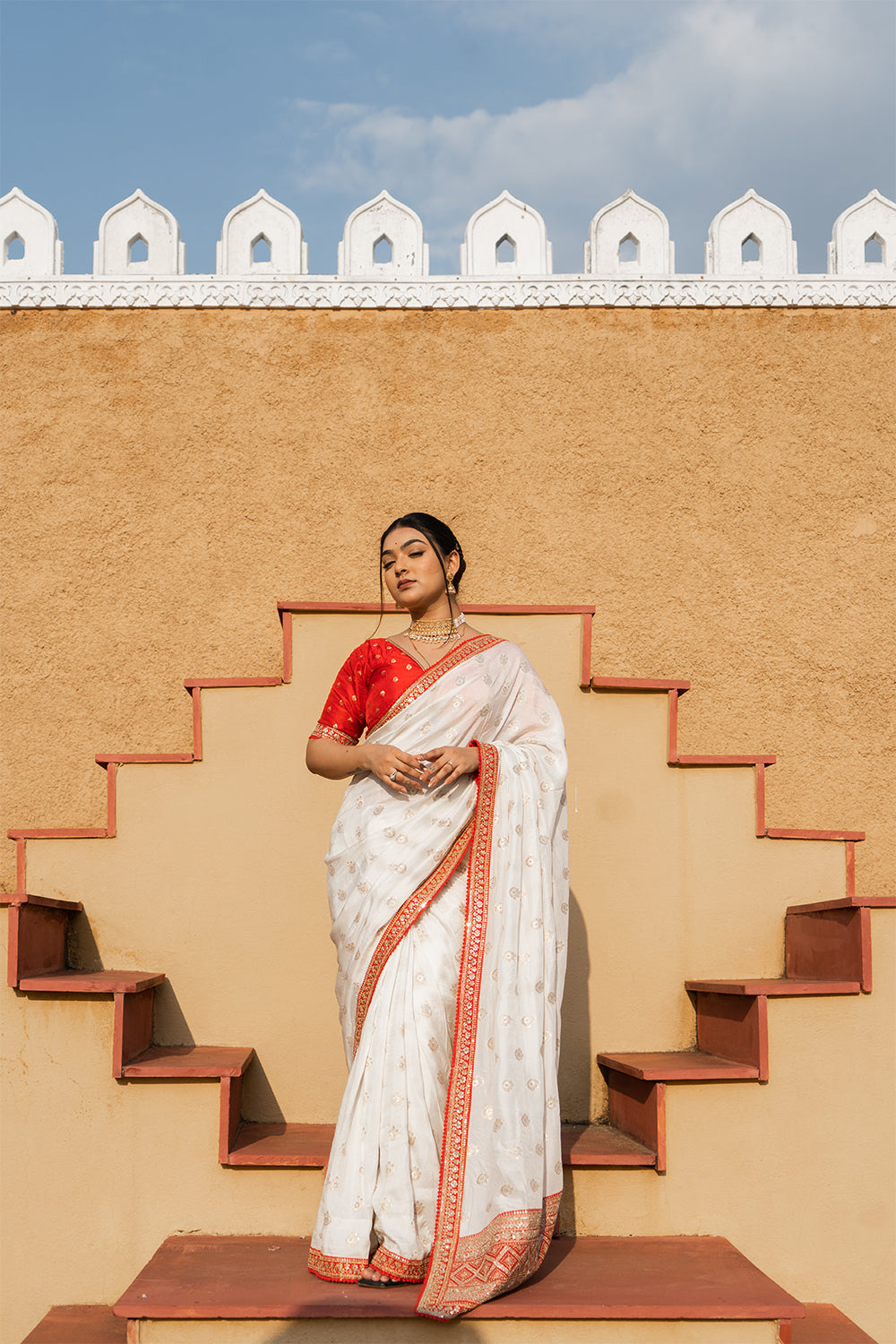 Cream Silk Saree with Golden Buti Work and Rich Zari Border