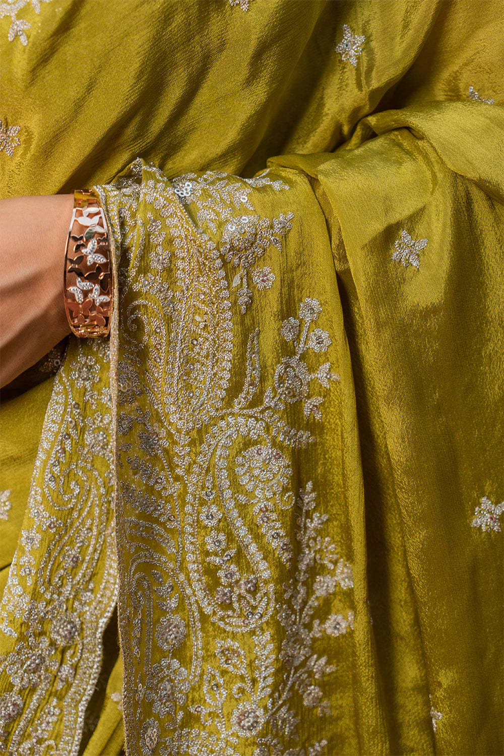 Two Blouse Concept – Mehendi Green Crepe Silk Saree with Sequin and Zari Work