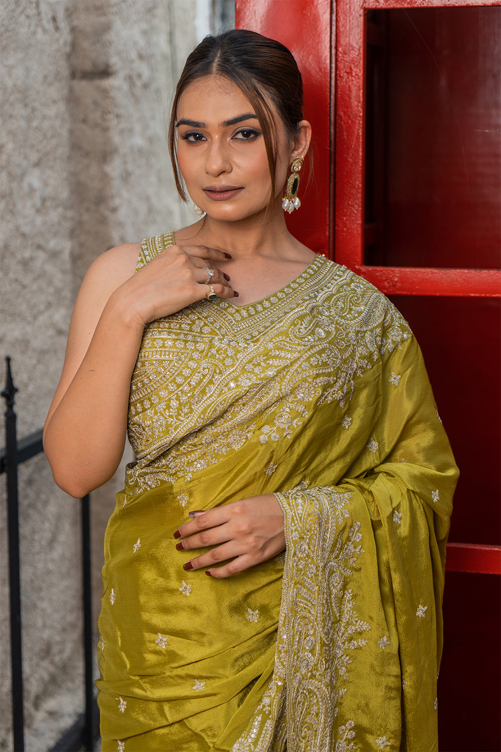 Two Blouse Concept – Mehendi Green Crepe Silk Saree with Sequin and Zari Work