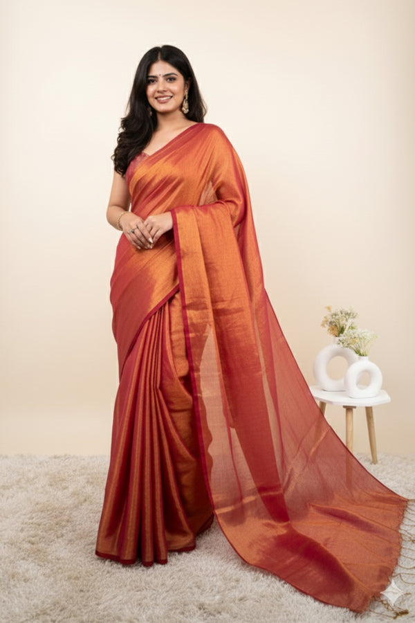 Rose Gold Khadi Cotton Tissue Handloom Saree