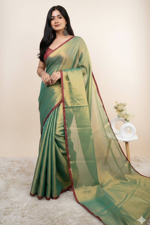 Parrot Green Khadi Cotton Tissue Handloom Saree