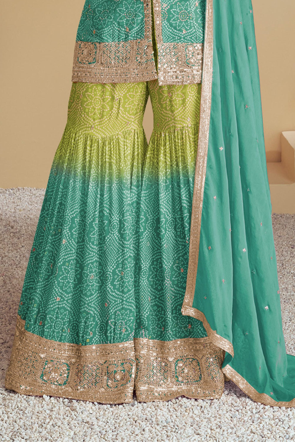 Green Bandhani Print Sharara Silk Suit with Zari Work and Matching Dupatta
