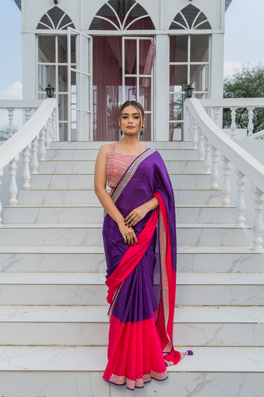 Two Blouse Concept – Purple Pink Tween shade Georgette Saree with Sequin Border Work